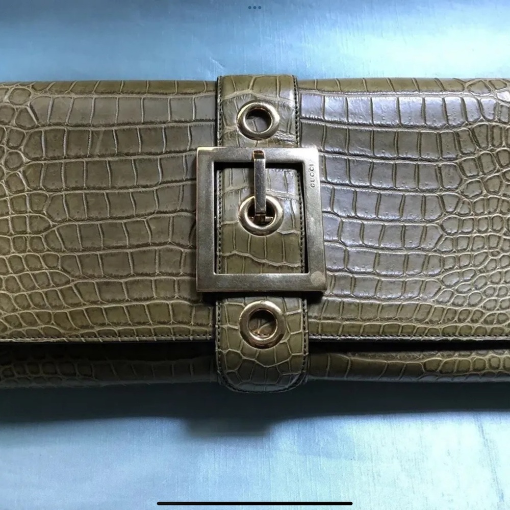 Gucci Croco Retro Buckle Clutch Classic Olive NEW with Tags